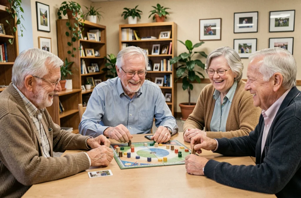 Un groupe de personnes âgées jouant à un jeu de société dans un centre communautaire, symbolisant l'importance des activités sociales collectives pour le bien-être mental des seniors