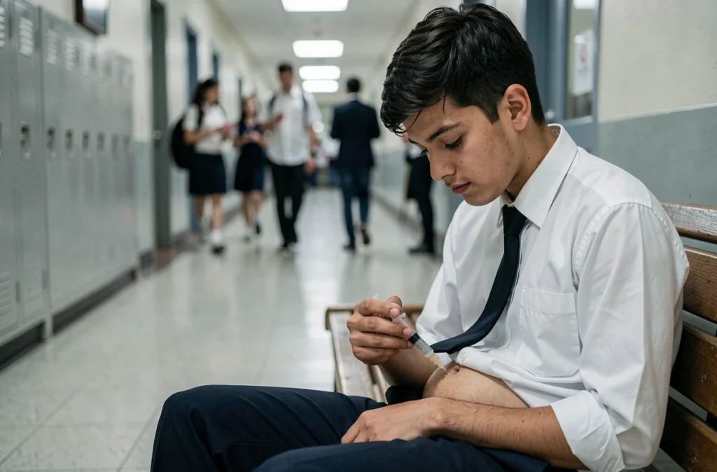 Adolescent diabétique s'injectant de l'insuline dans un couloir d'école, symbolisant la gestion du diabète de type 1 chez les jeunes
