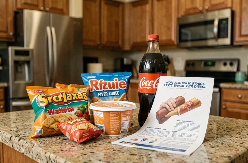 Aliments ultra-transformés et sucreries posés à côté d'une brochure médicale sur la stéatose hépatique non alcoolique, illustrant les causes alimentaires