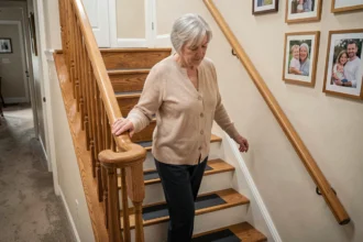 Femme âgée utilisant une main courante sur un escalier intérieur aménagé pour prévenir les chutes à domicile