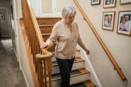 Femme âgée utilisant une main courante sur un escalier intérieur aménagé pour prévenir les chutes à domicile