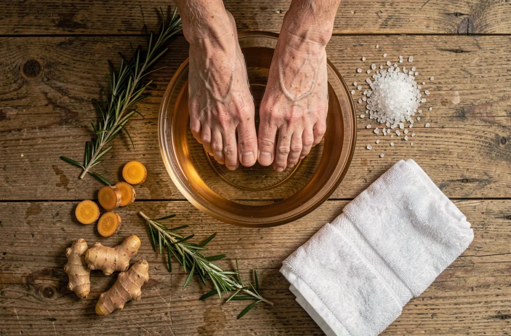 Bain de pieds aux plantes médicinales et sel marin pour soulager naturellement l'épine calcanéenne chronique