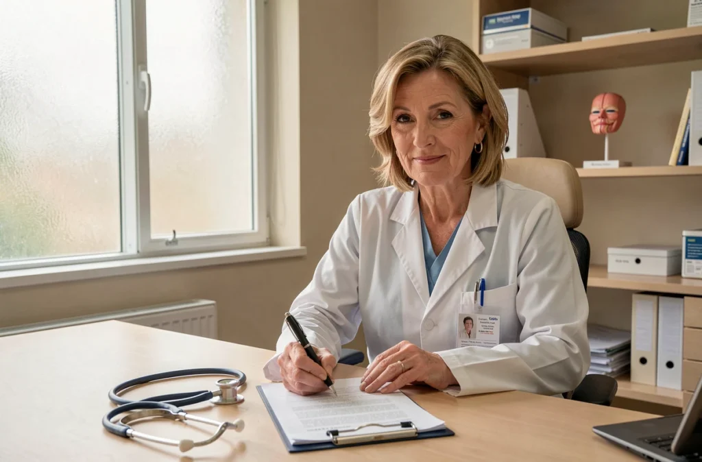 Dermatologue femme rédigeant une ordonnance dans son cabinet médical à Caen, représentant Brigitte Tack
