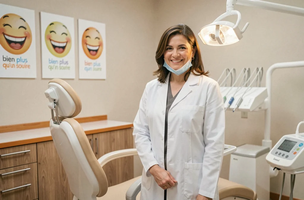 Dentiste en blouse blanche souriante dans son cabinet dentaire 'Bien Plus qu'un Sourire'