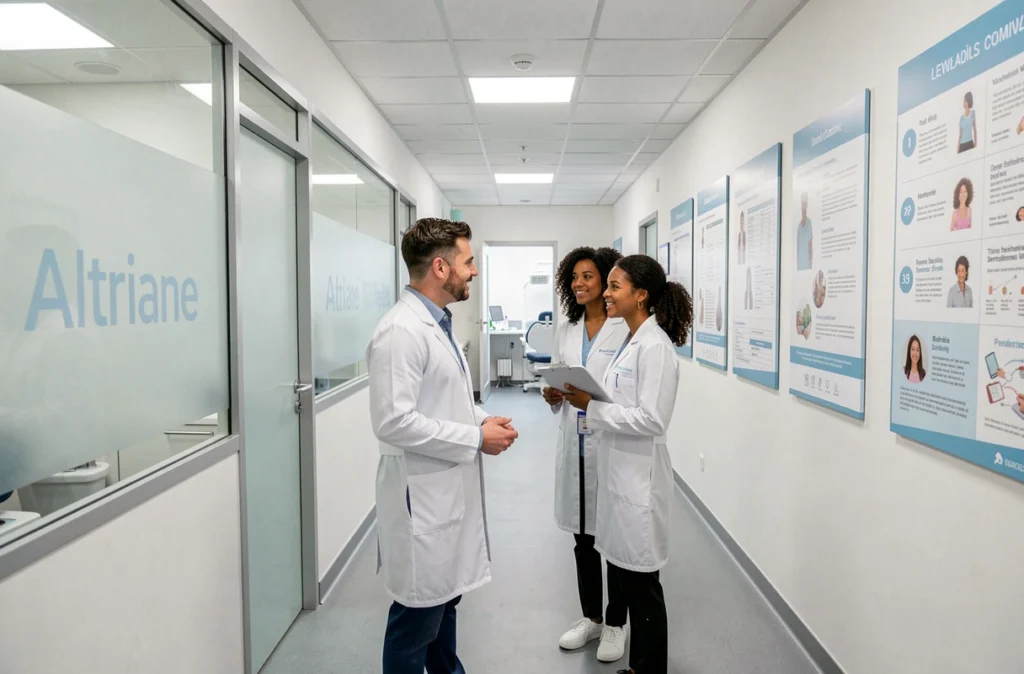 Équipe de professionnels du Centre de santé dentaire Altriane dans un couloir médical moderne