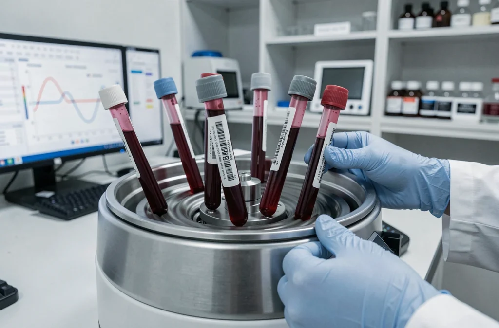 Centrifugeuse de laboratoire avec tubes de sang pour analyse hématologique et mesure des hématies