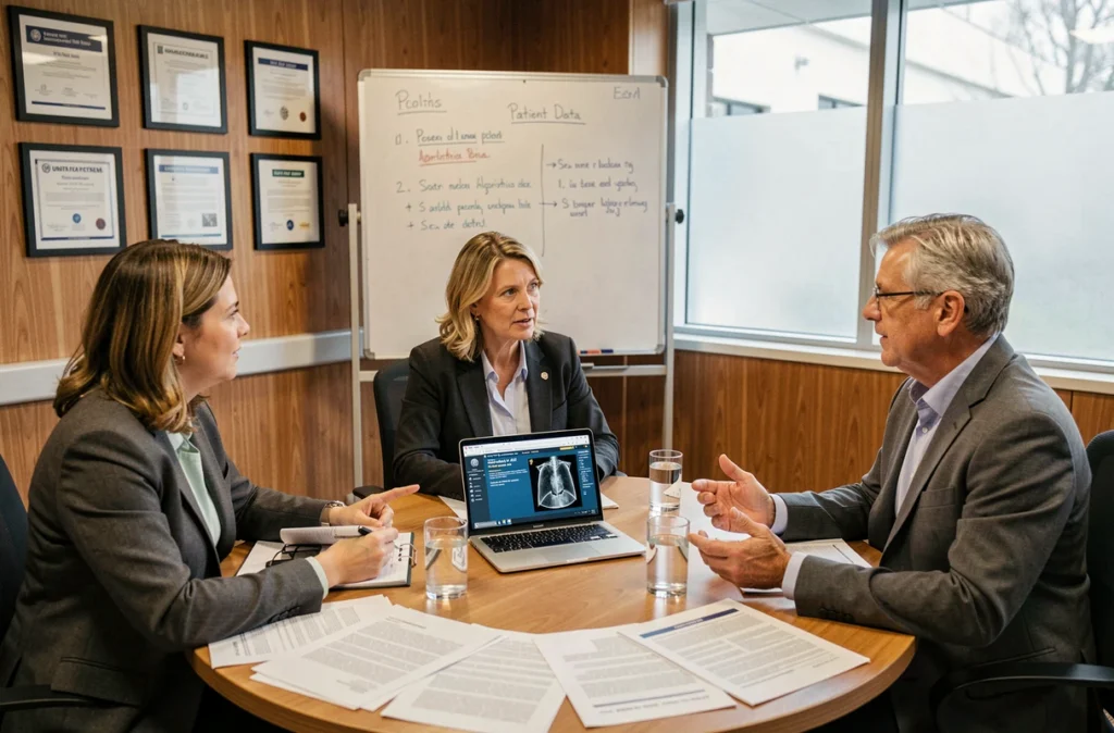 Panel de professionnels de l'éthique médicale discutant des enjeux de l'intelligence artificielle en radiologie lors d'une réunion de comité hospitalier