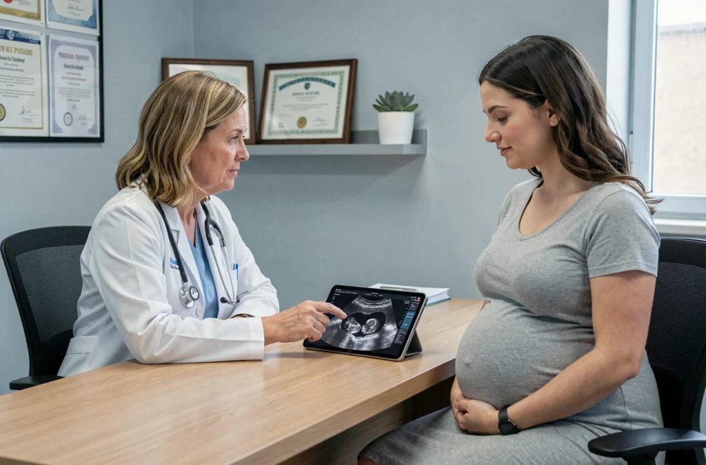 Gynécologue montrant une échographie de grossesse gémellaire à une patiente enceinte lors d'une consultation médicale