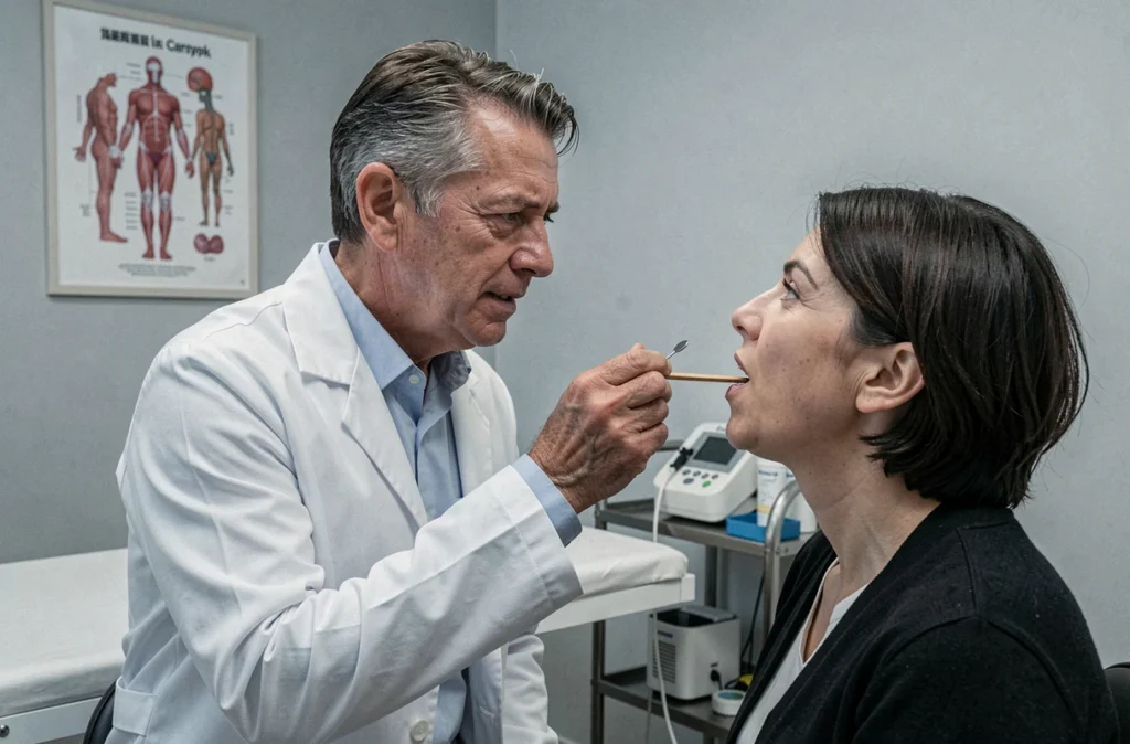Médecin généraliste examinant le palais d'un patient lors d'une consultation médicale