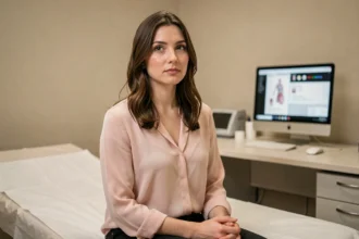 Femme assise dans un cabinet médical lors d'une consultation gynécologique précoce en début de grossesse