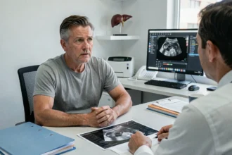 Patient homme d'âge moyen en consultation médicale pour stéatose hépatique avec un gastro-entérologue, échographie hépatique posée sur le bureau