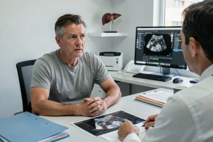 Patient homme d'âge moyen en consultation médicale pour stéatose hépatique avec un gastro-entérologue, échographie hépatique posée sur le bureau