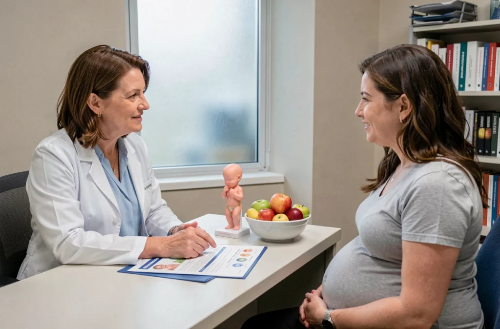 Nutritionniste obstétricienne consultant une femme enceinte sur l'alimentation prénatale et le développement du bébé dans un cabinet médical