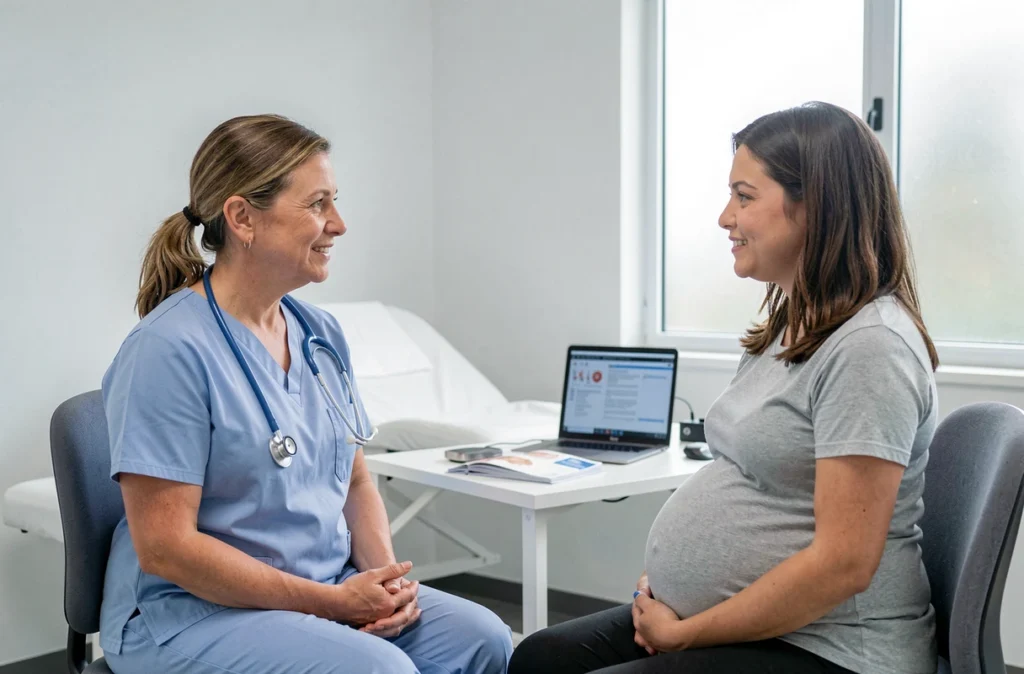 Consultation prénatale avec une sage-femme pour accompagner la gestion du stress et prévenir les complications pendant la grossesse