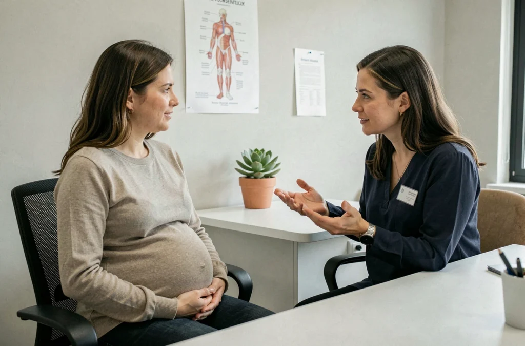 Femme enceinte en consultation prénatale discutant de l'importance du sommeil et du repos avec une sage-femme