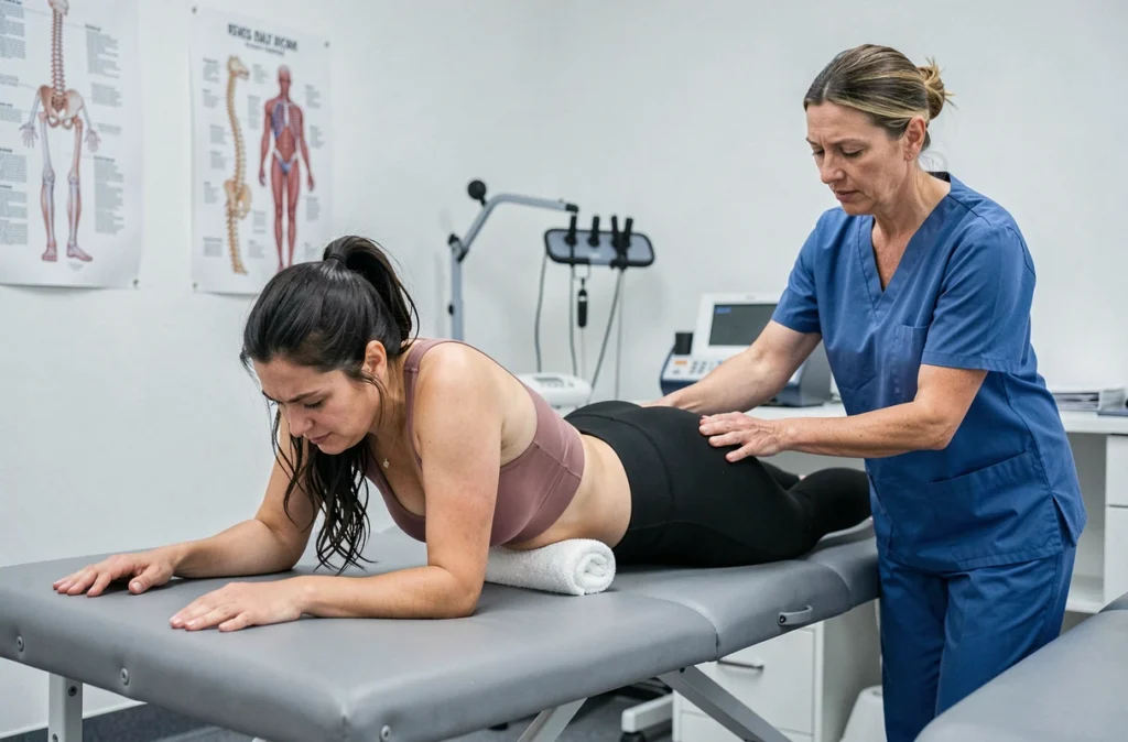 Patiente en position allongée sur une table de kinésithérapie avec correction de posture pour traiter la sciatique