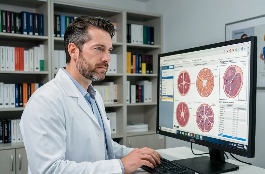 Dermatologue homme consultant des dossiers patients sur un grand écran dans son cabinet à Caen, représentant Corson Noel