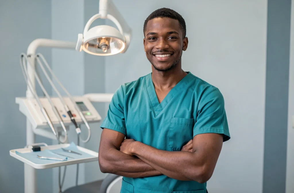 Dentiste Coulibaley Bony-Tecoulha en tenue médicale dans sa salle de soins en Aveyron