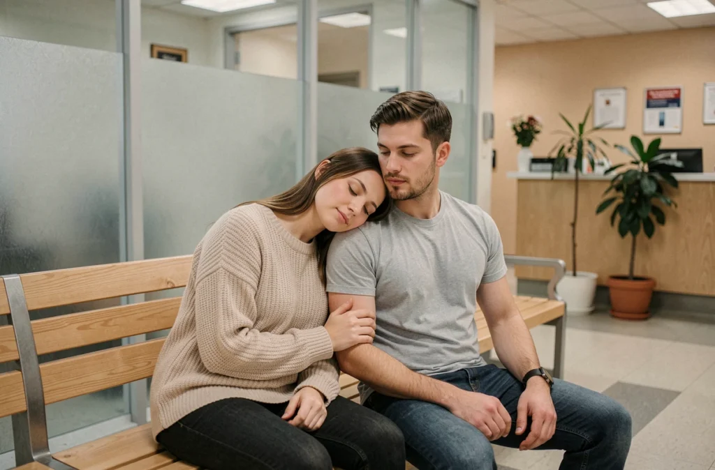 Couple attendant les résultats d'une échographie dans une salle d'attente d'hôpital en début de grossesse