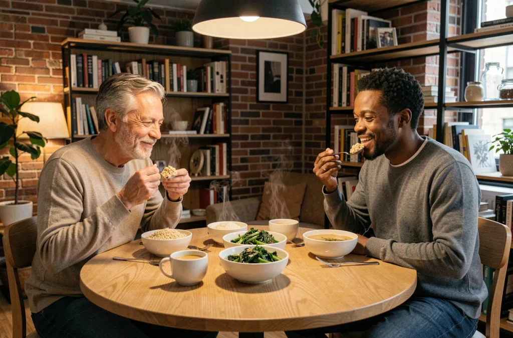 Couple partageant un repas sain à la maison en mangeant lentement et en discutant, illustrant les bienfaits de la mastication lente sur la satiété