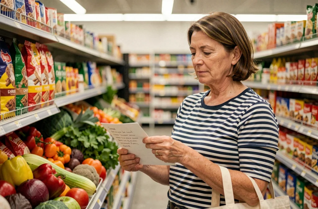 Femme faisant ses courses en supermarché avec une liste de repas écrite à la main et un sac en toile réutilisable