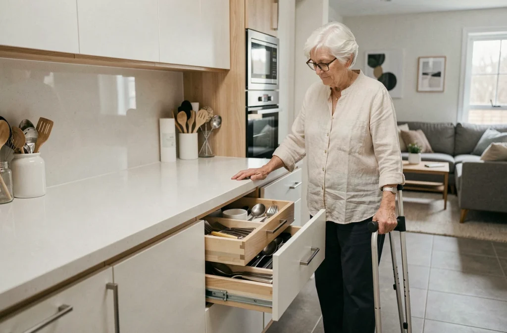 Femme âgée dans une cuisine aménagée avec plan de travail adapté pour personne à mobilité réduite