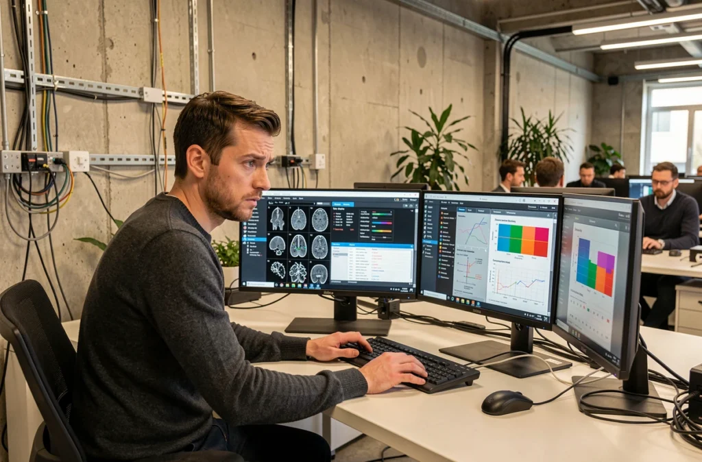 Data scientist masculin travaillant sur des algorithmes d'IA appliqués à la radiologie médicale dans un bureau technologique moderne