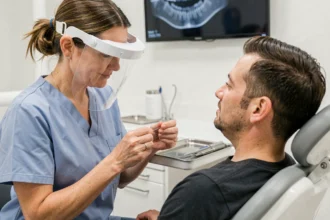 Dentiste femme expliquant les techniques de soins bucco-dentaires à un patient dans un cabinet dentaire moderne