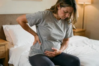 Femme tenant son bas du dos et son ventre gonflé assise sur un lit, exprimant une douleur au haut des fesses et des ballonnements