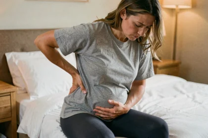 Femme tenant son bas du dos et son ventre gonflé assise sur un lit, exprimant une douleur au haut des fesses et des ballonnements