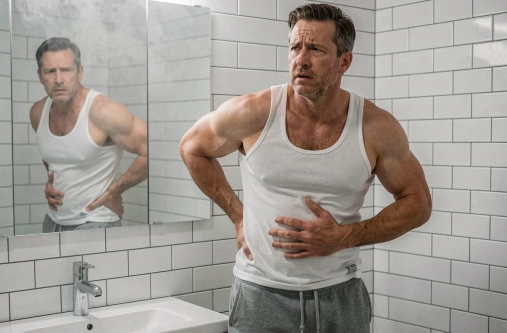 Homme debout dans une salle de bain tenant son bas du dos et son ventre, illustrant une douleur au haut des fesses et des ballonnements abdominaux