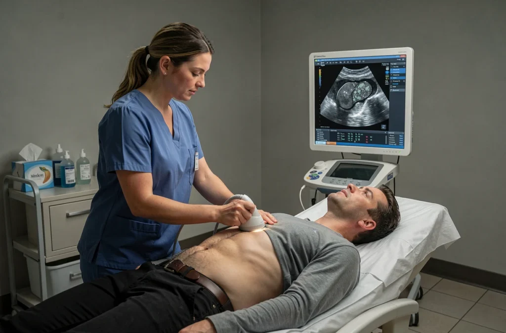 Technicienne radiologue réalisant une échographie abdominale hépatique sur un patient allongé dans une salle d'examen médicale
