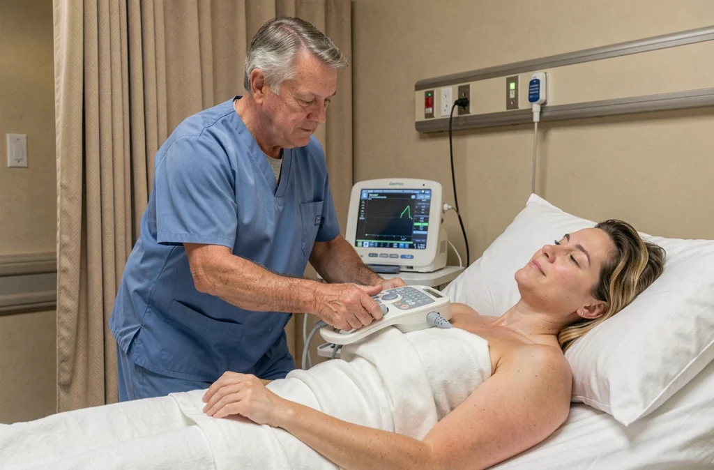 Kinésithérapeute respiratoire réalisant une échographie pleurale au chevet d'un patient hospitalisé