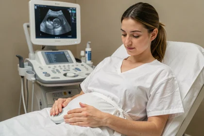 Femme enceinte en début de grossesse lors d'une échographie précoce à 5 semaines d'aménorrhée