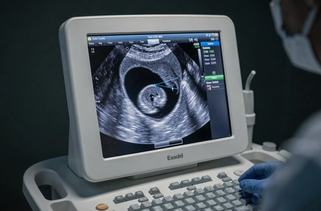Écran d'échographie montrant un sac gestationnel à 5 semaines de grossesse avec mesures embryonnaires