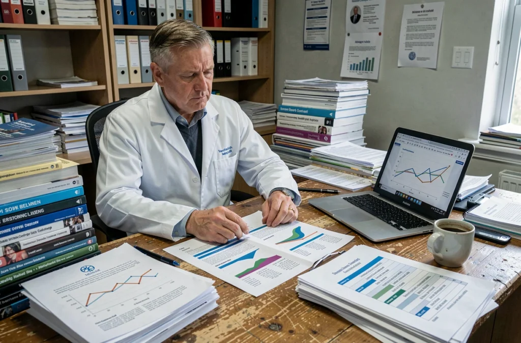 Épidémiologiste analysant des données de couverture vaccinale contre la coqueluche dans un bureau de santé publique