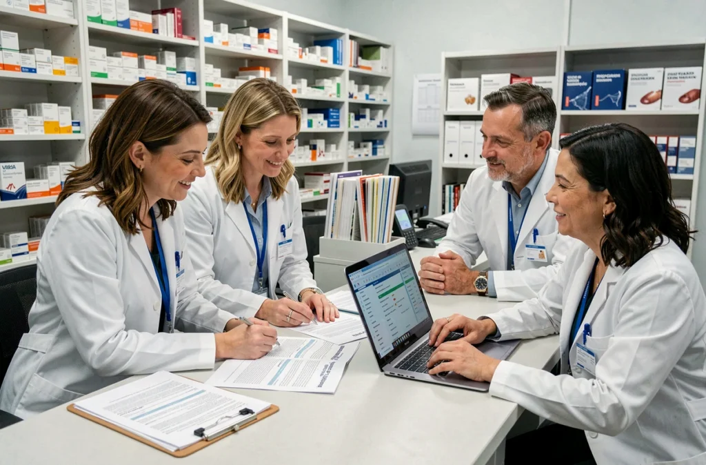 Équipe de pharmaciens étudiant des recommandations de prévention des maladies cardiovasculaires en arrière-boutique d'une officine