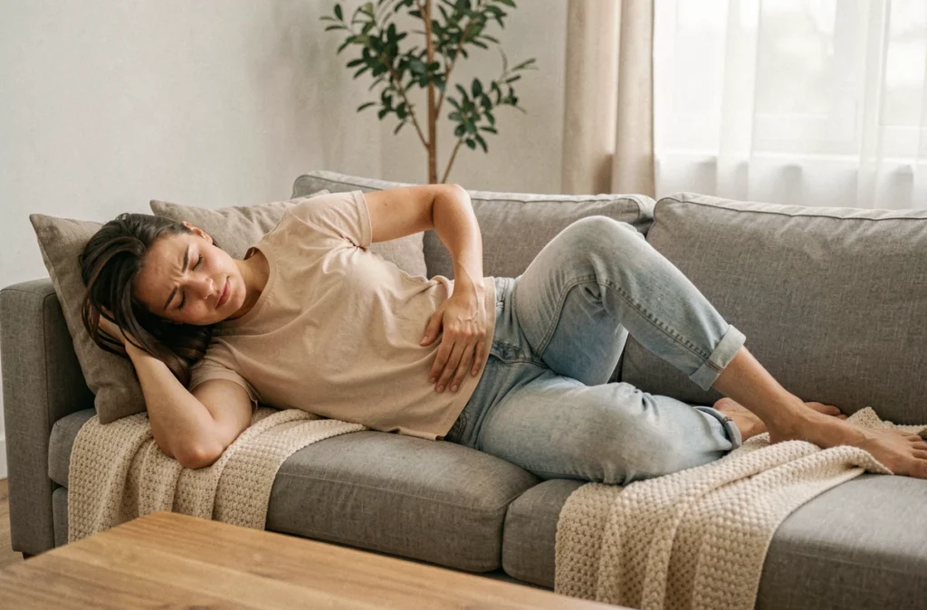 Jeune femme allongée sur un canapé en position fœtale avec la main sur le bas du dos et le ventre, souffrant de douleur au haut des fesses et de ventre gonflé