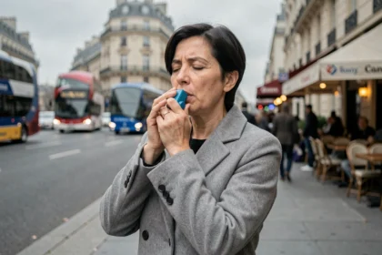 Femme adulte utilisant un inhalateur pour l'asthme dans une rue animée de Paris, pollution urbaine en arrière-plan