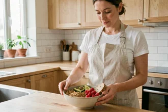 Femme préparant un bol nutritif riche en fibres alimentaires dans une cuisine moderne en bois clair