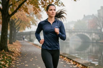 Femme qui court sur un chemin de bord de rivière en automne pour affiner sa silhouette grâce à la course à pied
