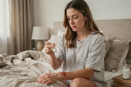Femme appliquant une crème apaisante sur sa peau eczémateuse avant de dormir