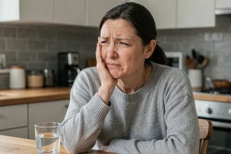 Femme souffrant d'une douleur dentaire après une dévitalisation, se tenant la joue dans sa cuisine