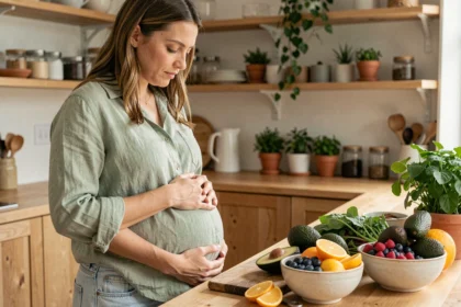 Femme enceinte choisissant des légumes frais et des fruits dans une cuisine en bois pour une alimentation saine pendant la grossesse