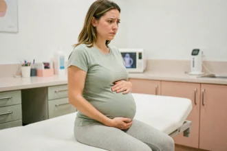 Femme enceinte assise sur une table d'examen médical, les mains posées sur le ventre, dans un cabinet de consultation moderne