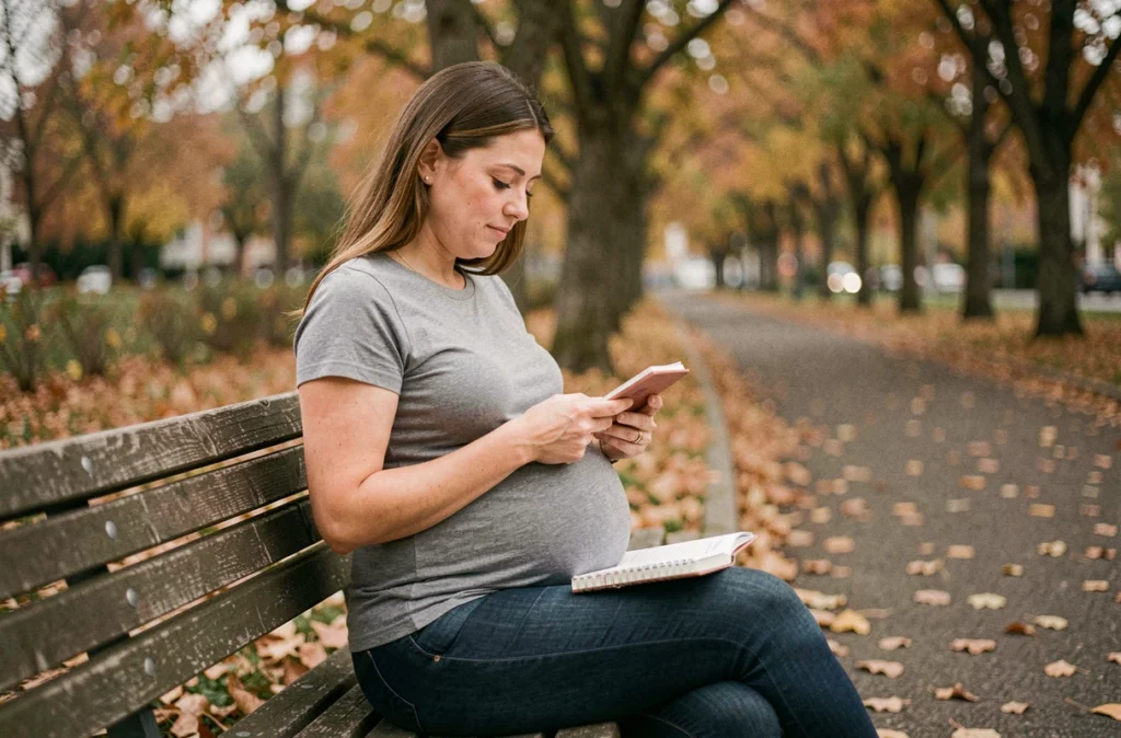 Femme enceinte au deuxième trimestre assise dans un parc consultant un carnet de maternité
