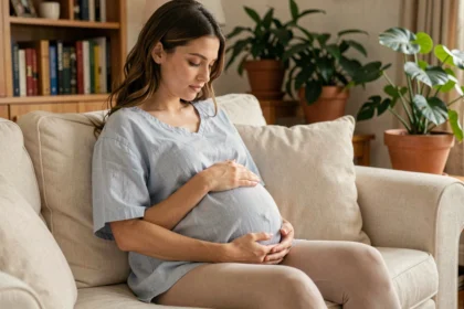 Femme enceinte de jumeaux tenant son ventre arrondi précocement sur un canapé crème, signe d'une grossesse gémellaire