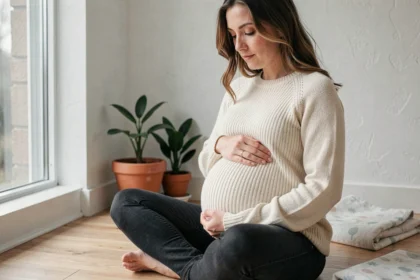 Femme enceinte tenant son ventre avec tendresse, assise sur un plancher en bois dans un intérieur minimaliste, illustrant le lien mère-enfant avant la naissance