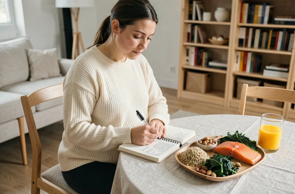 Femme enceinte planifiant son alimentation équilibrée avec des aliments nutritifs sur une table en bois style scandinave