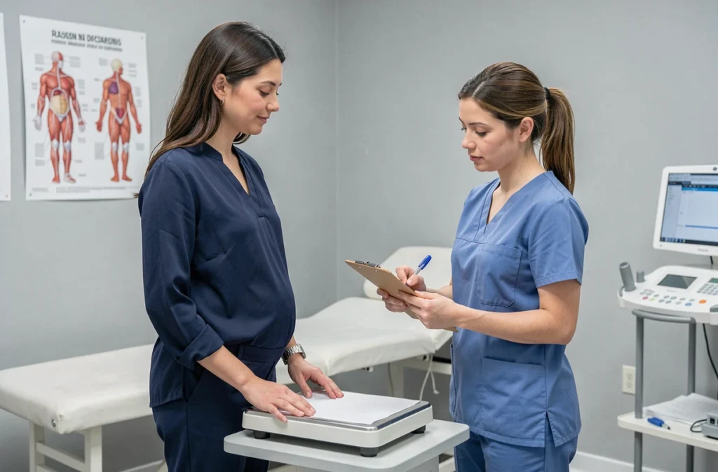Femme enceinte au premier trimestre pesée par une infirmière dans un cabinet médical